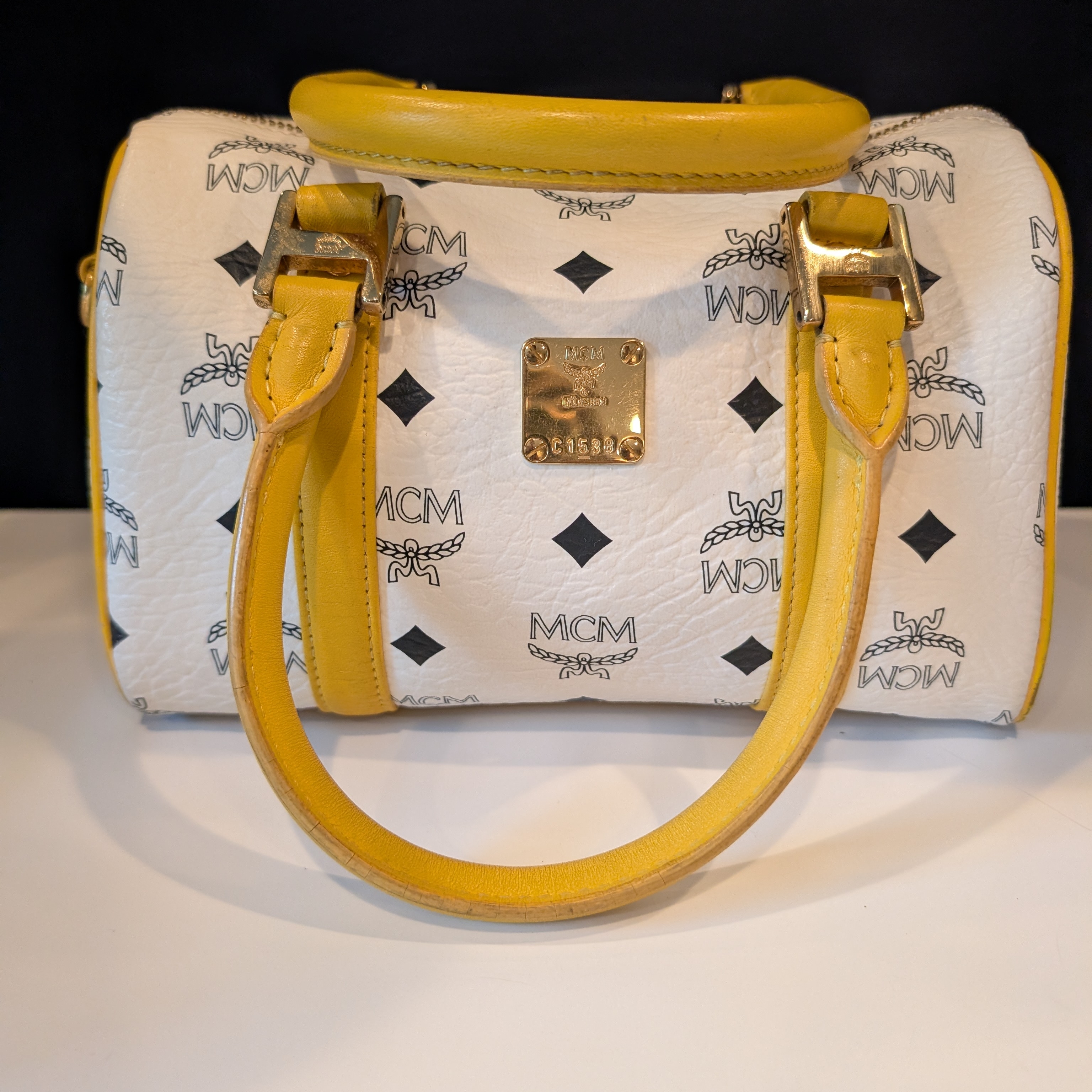 Mcm Visetos Yellow And White Boston Satchel